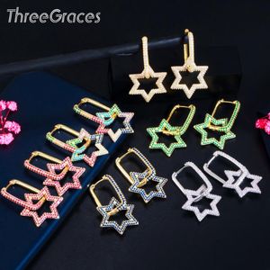 ThreeGraces Est Große Hohle Stern Creolen Für Frauen Mirco Pflastern Bunte CZ Kristall Gold Silber Farbe Trendy Schmuck ER565 Huggie