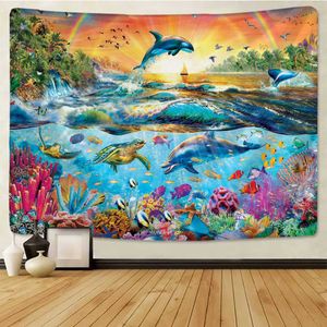 Schöne Regenbogen Große Schildkröte Delphin Tapisserie Wand Teppiche Hängen Ozean Dekorative Tapisserie Boho Yoga Picknick Matte Strand Handtuch 210609