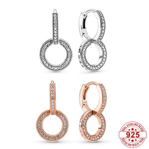 925 Sterling Silver Rose Gold Plated Metal Blend Sparkling Double Hoop Earrings Fit Pandora For Women Ladies Jewelry Anniversary Gift