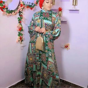 Bohemian Long Sleeve Print Dress Ankle Length Collar Satin Fabric with Belt Dresses Comfertable Fashion African Women Elgamt 210416