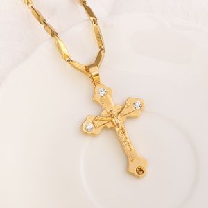 Ciondolo a croce in oro giallo massiccio 18 k con linee di ciondoli CZ riempiti Collana Christian Jewelry Factory God gift