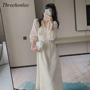 Casual Sukienki Kobiety Koreański Rękaw Puff Sukienka Midi Dress 2021 Francuski Vintage Designer Cekiny Eleganckie Wesele Weselne Wesele Wesele