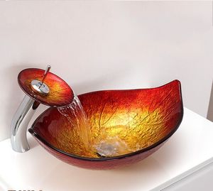 Folha mão-pintura lavatório de vidro temperado lavatório pia faucet w / bacia set pop dreno para banheiro