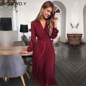 Wotwoy Bohemian Dot Print Dresse Summer Cross V-Neck Sashes Mid-Calf Dress Lady Långärmad Knapp Kvinna 210623