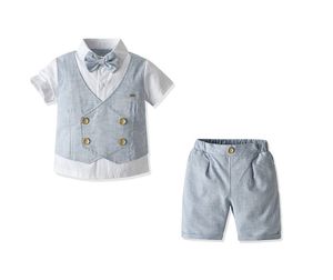 İki adet Erkek Beyefendi Stil Giyim Setleri için Set Büyük Kalite Yaz Çocuklar Kısa Kollu Gömlek Papyon + Şort Çocuk Casual Suit Erkek Kıyafetler