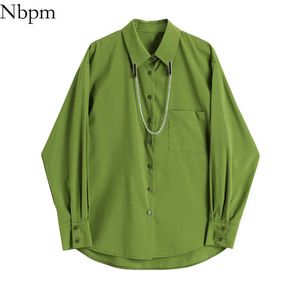 NBPM女性のブラウスファッショングリーンビンテージ服エレガントな長袖ブルスマザーの女性のシャツトップ女性の基本的なソリッドシャツ210529