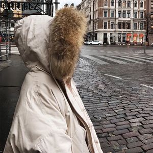 Moda collo di pelliccia di procione solido donna piumino d'anatra bianco giacca invernale regolabile caldo cappotto con cappuccio donna Parka femminile 210520