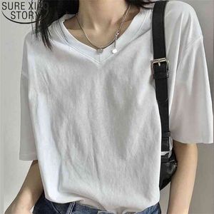 Summer Loose T-shirt Cotton Short-sleeved Female White Shirt Solid Korean Style Simple Basic V-neck Ins Tops 14263 210510