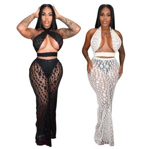 Dot Print Women Sexy Clubwear Mesh Two Piece Sets 2021 Summer Halter SleevelBacklTops Wide-leg Pants See-through Outfits X0709