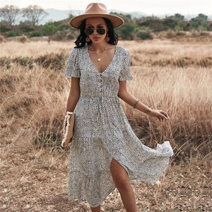 New Spring Print Long Dress Women V Neck Short Sleeve Lace Up Button Dress For Woman Sexy Leopard Summer Dress 210413