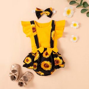 Conjuntos de roupas 2021 Ribbed Terno Infantado Terno Verão Meninas Bebê Set Ruffles Tops + Floral Girassol Bow Suspender Suspender Curta Outfit