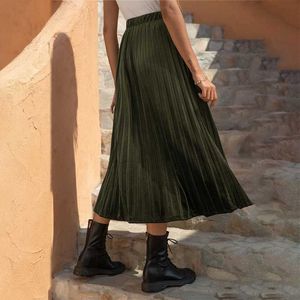 Korean Velvet Pleated Midi Skirt Women Summer Plus Size Casual Loose High Waist Office Lady Temperament A-line Skirt 210608