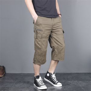 Sommar Mäns Baggy Multi Pocket Cargo Straight Shorts Breeches Male Long Army Green Khaki Mens Loose Short Plus Size S-5XL 210806