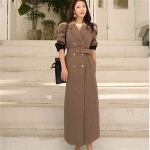 Vintage trincheira dupla para mulheres faixas magras longas inverno escritório vestido sólido 210603