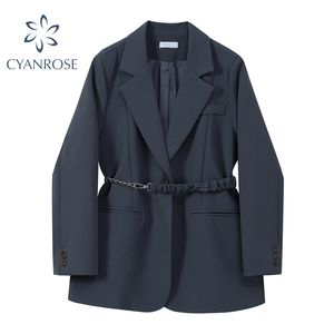 Высокая талия пояса тонкий пиджак куртка женские женские воротники сплошные ретро офисные дамы корейская работа свободно пальто OL карманный элегантный внешний 210417