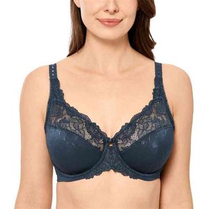 Damska piękna koronka non wyściełana Pełna postać Underwire Minimalizer Bra Plus Size Bra 34-44 DD E F G H 210728