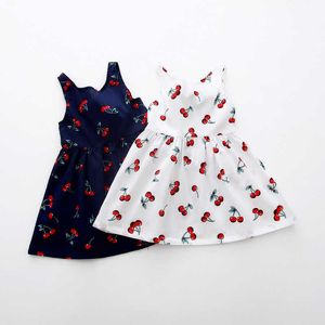 Varumärke Baby Girl Printed Cherry Dress Kids Barnkläder Ärmlös Klänningar För Tjejer Dagliga Holiday Billiga Blomkläder Q0716