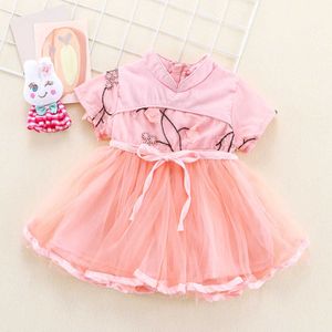 Cheongsam chinoiserie prinsessan klänning för tjejer solid blommig tulle klänning för nyfödda spädbarn baby tjejer sommar klänningar outfits q0716
