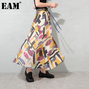 [EAM] Hög elastisk midja beige mönster tryckt lång bandage semester halvkropp kjol kvinnor mode våren hösten 1dd8345 21512