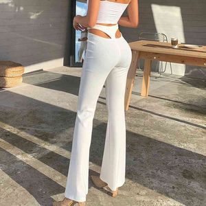 Сексуальная спина треугольник пустые вспышки брюки белые ребристые вязаные высокой талии широкие ноги весенние женщины одежда брюки 210517