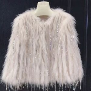 High Quality Faux Fur Coat Women Luxury Sequins Tasssel Long Sleeve Jacket Elegant Warm Outerwear Chaquetas Mujer 210514