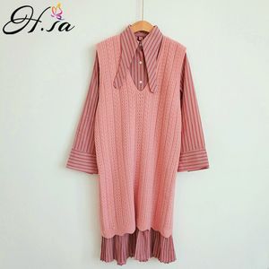 H.SA Women Clothes and Jumpers Two Pieces Long Dress Vest Striped Sweater Set pink pull chemise 210417