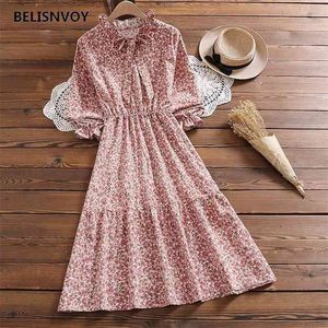 Japoński Mori Girl Wiosna Jesień Kobiety Długa Dress Ruffled Collar Pink Floral Printed Vestidos Longo Elegancki Corduroy Sweet 210520