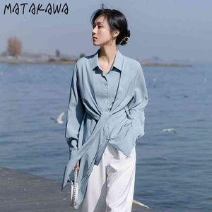 MATAKAWA Spring and Summer Fashion Women Shirts Solid Long Woman Blouses Tie Lapel Long Sleeve Camisas Mujer Korean Blusas 210513