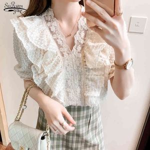 Fashion Summer Short Sleeves Ruffle Stitching Loose Women Tops Korean V-neck Lace Blouse Casual Sweet Crochet Shirt 14236 210521