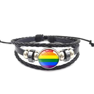 8 Style Gay Pride Glass Buckle Charm Bracelet Rainbow Flag Gay Jewelry Handmade DIY Beaded Weave Black Leather LGBT bracelet