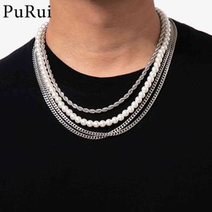 4Pcs/Set Punk Layered Thick Chains Neckalces Twisted Chain Silver Color Choker Necklace 2021Trendy Simulated Pearl Beads Chocker