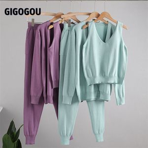 GIGOGOU 3 Stück Gestrickte Anzüge Langarm Jacke Strickjacke Pullover Tank Top Hosen Frauen Mode Solide Kostüm Set Lässige Trainingsanzüge 211221