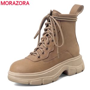 Morazora Inek Leaher Ayak Bileği Çizmeler Lace Up Platformu Çizmeler Yuvarlak Ayak Vintage Bahar Sonbahar Kısa Çizmeler Rahat Ayakkabılar 210506