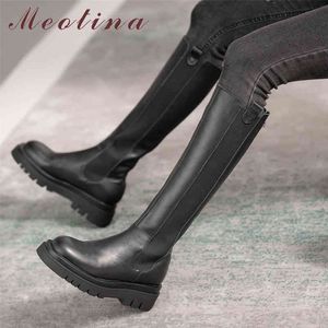 Plataforma de couro genuína plataforma alto joelho botas de mulher sapatos zip chunky saltos senhoras outono inverno preto 210517