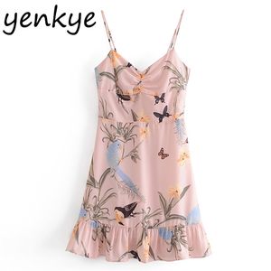 Sexy Sling Sukienka Kobiety Vintage Romantyczny Ptaki Floral Print Wakacje Letnia Kobieta A-Line Mini Szyfonowy Vestido 210514