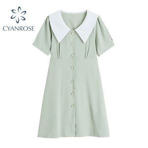 ラペルスウィートシャツドレスシングルブレストハイウエストスリムレースアップ半袖夏のドレス女性緩い韓国のvestidos 210417