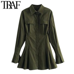TRAF Mulheres Chique moda com bolsos montados mini camisa vestido vintage lapela colar de manga longa vestidos femininos vestidos 210415