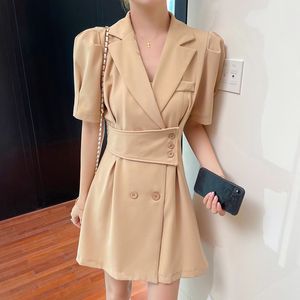 Summer French Style Elegant Women'S Suit Collar Button-Shaped Office Lady Short-Sleeved Loose Beautiful Dress 210515