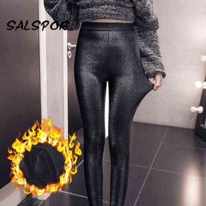 Salsor 8XL High Waist Plus Size Fat Ciepłe Legginsy Kobiety Długość Kostka Zimowe Biuro Damskie Grube Błyszczące Spodnie Dopasuj 150 kg MM 211117