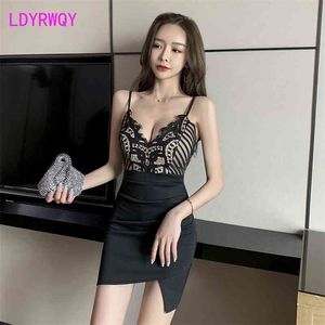 LDYRWQY sexy low-cut lace stitching sling deep v exposed backpack hip female nightclub dress 210416