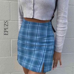 Sexy high waist blue plaid skirts womens vintage kawaii pencil mini skirt summer sweet korean faldas mujer 210521