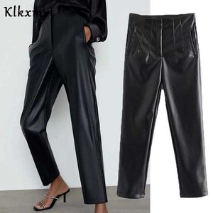 KLKXMYT ZA Calças Moda Fashion Faux Leather Skinny Vintage Alto Cintura Lado Bolsos Feminino Ancinho Calças Mujer 210527