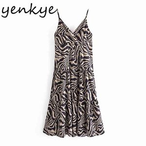 Vintage Animal Print Sexy Sling Dress Kobiety V Neck Bez Rękawów Wysoka Talia A-Line Midi Letnia Night Out Vestido 210430