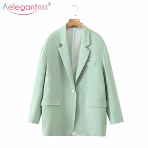 Aelegantmis Korean Office Lady Blazer Jacket Women Green Vintage Loose Casual Suit Female Work OL Chic Coat 210607