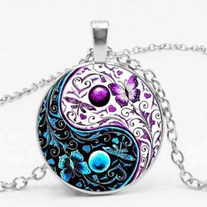 HOT! 3 Colors Tibet Cabochon Glass Pendant Chain Necklace Ying Yang Butterfly Gifts for Men and Women G1206