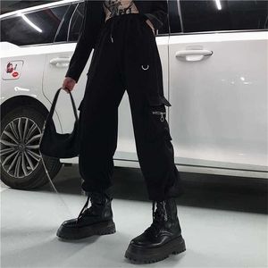 Houzhou Techwear Preto Calças de Carga Mulheres Hippie Streetwear Punk Cintura Alta Estilo Coreano Calças Oversized Sweatpants 211115