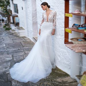 Elegantes Bohemain-Meerjungfrau-Hochzeitskleid mit Häkelspitze 2021, langärmelig, Sommer-Strand-Brautkleider, durchsichtiges Oberteil, tiefer Rücken, Boho-Robe de Mari￩e Blanche