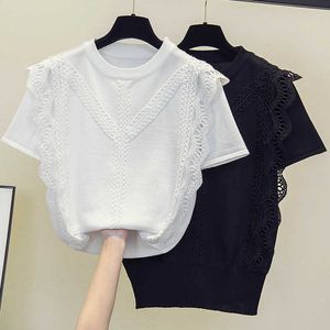 Sommer Kurzarm Dünne Gestrickte Pullover Tops Frauen Spitze Casual Koreanische Übergroßen Pullover Femme Jumper Weibliche T-shirt 210604