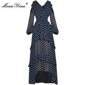 Summer Runway Vacation Dress Women V-neck Elastic waist Fashion Polka dot print Long Chiffon Vestidos 210524