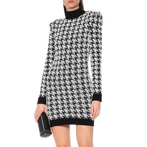 Högkvalitativ Runway Stylish Designer Dress Women's Lion Knappar Shimmer Tweed Houndstooth 210521